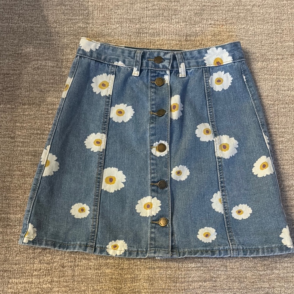 Floral Denim Skirt - Blue with White Daisies